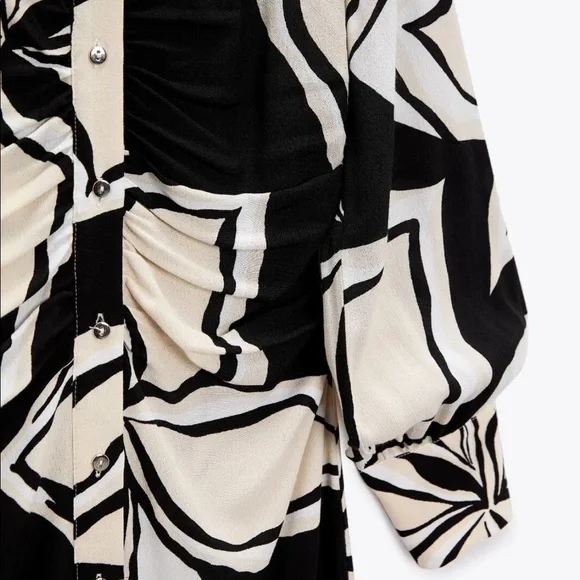 ZARA BLOGGER FAVORITE FLORAL PRINT SHIRT DRESS ECRU / BLACK 2298/085